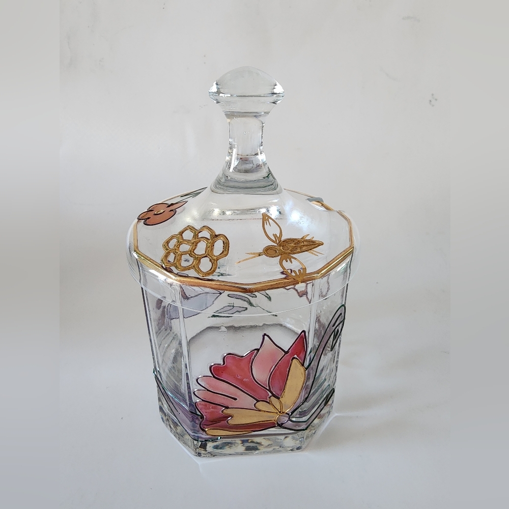 Honey Jar With Lid Blown Glass Hand Painted Floral 